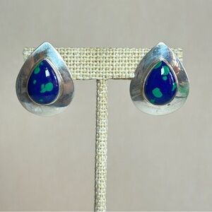 Vintage Native SJ Azurite Malachite 925 Sterling Silver Post Earrings Teardrop